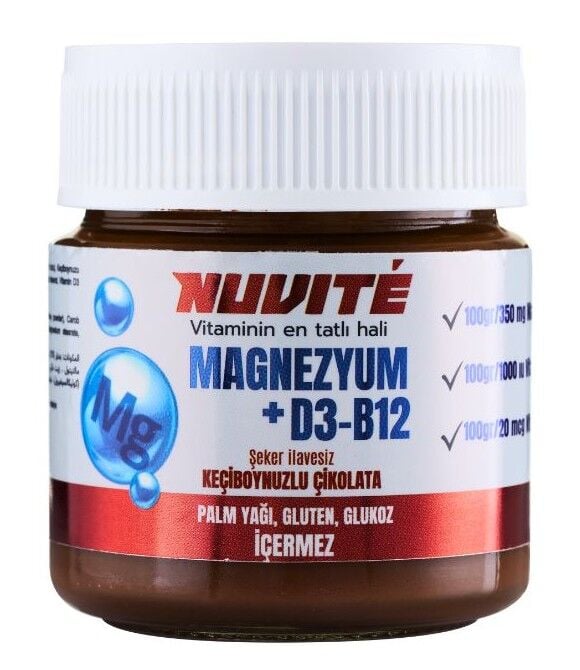 NUVITE Magnezyum + D3 + B12’li Keçiboynuzlu Şekersiz Vitaminli Çikolata 200gr